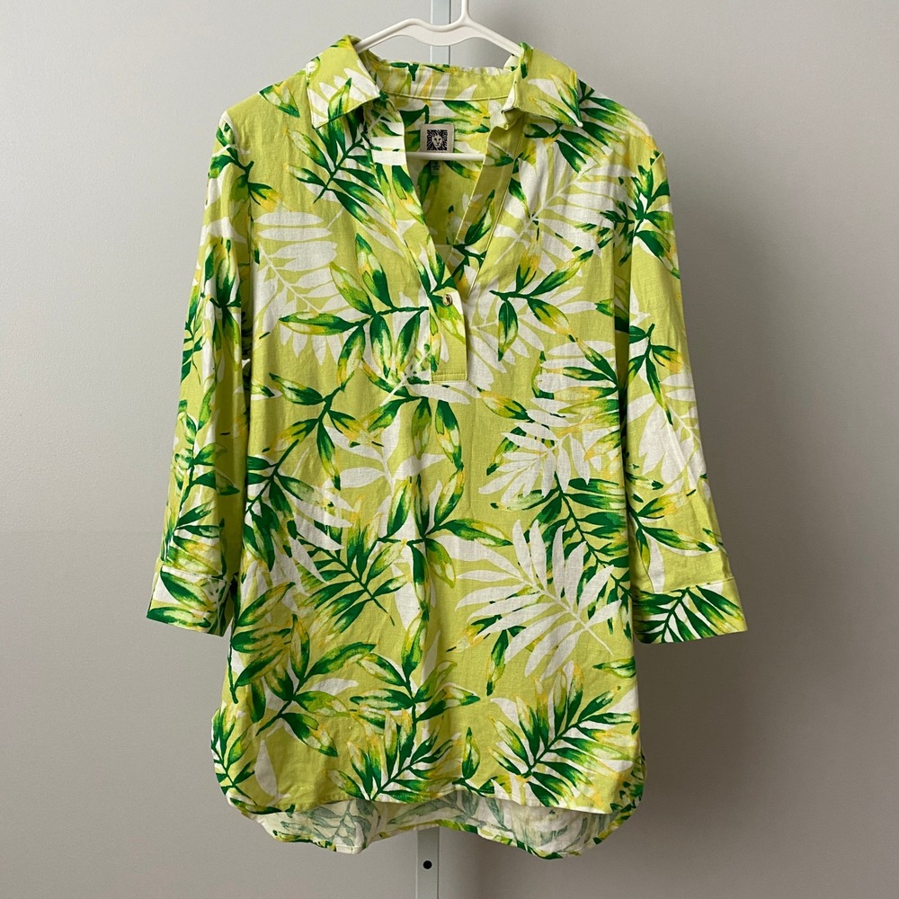 Anne Klein Linen Beachy Coastal Relaxed Palm Print Tunic Top Medium Green AK2293